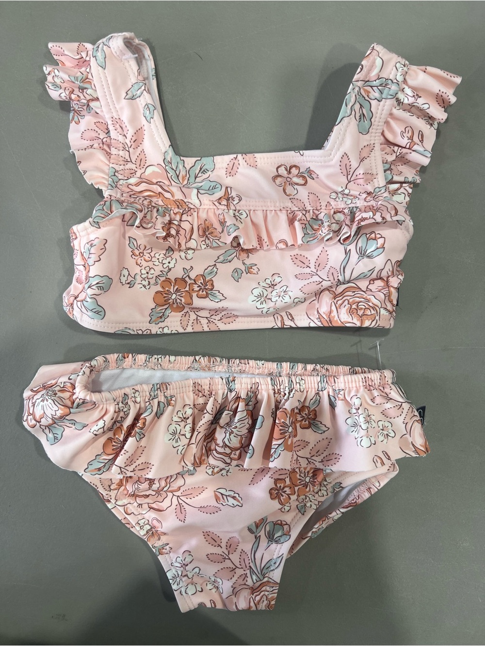 Girls' Pink Floral Ruffle Two-Piece Swim Set